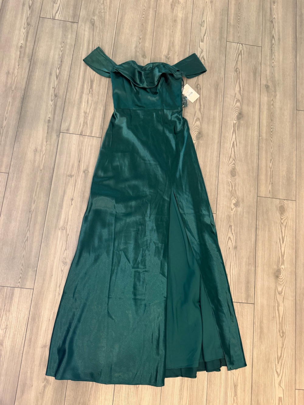 Birdy Grey Emerald Off-Shoulder Satin Maxi Dress with Side Slit Size XS